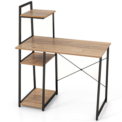 Computer Desk with Shelves and 3-Tier Storage Bookshelf-Brown