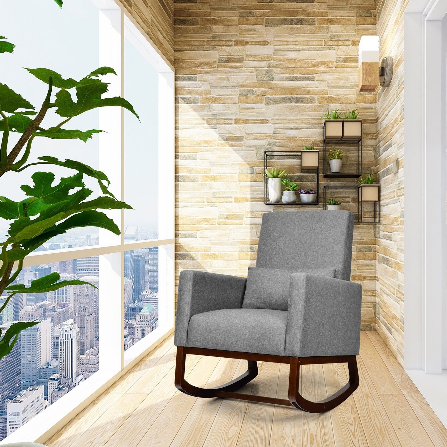2-in-1 Fabric Upholstered Rocking Chair with Pillow-Beige