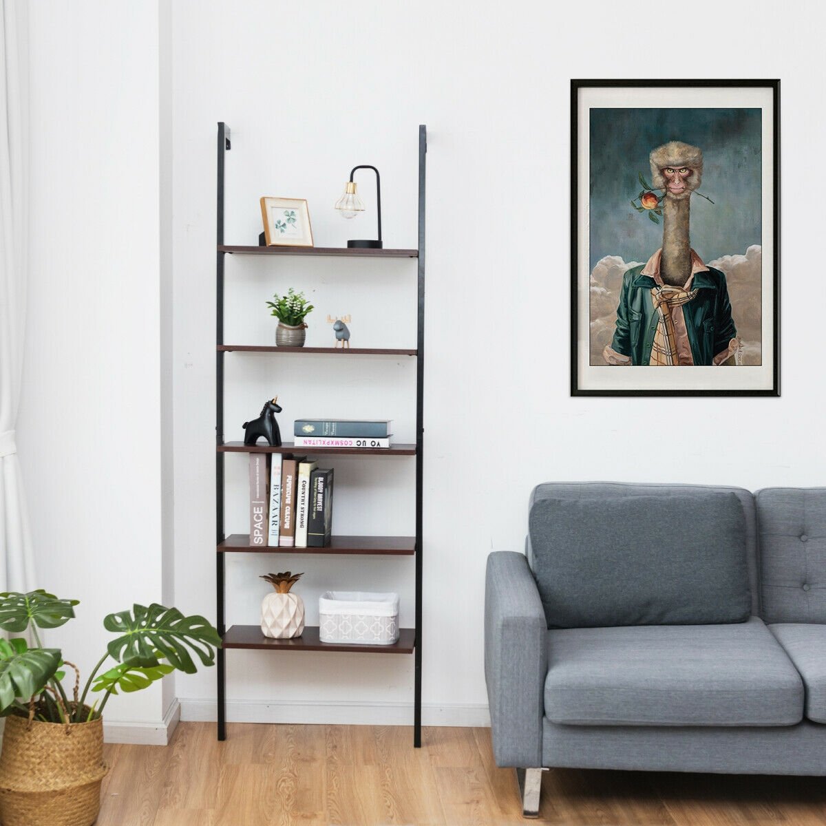 5-Tier Wood Look Ladder Shelf with Metal Frame for Home-Bronze