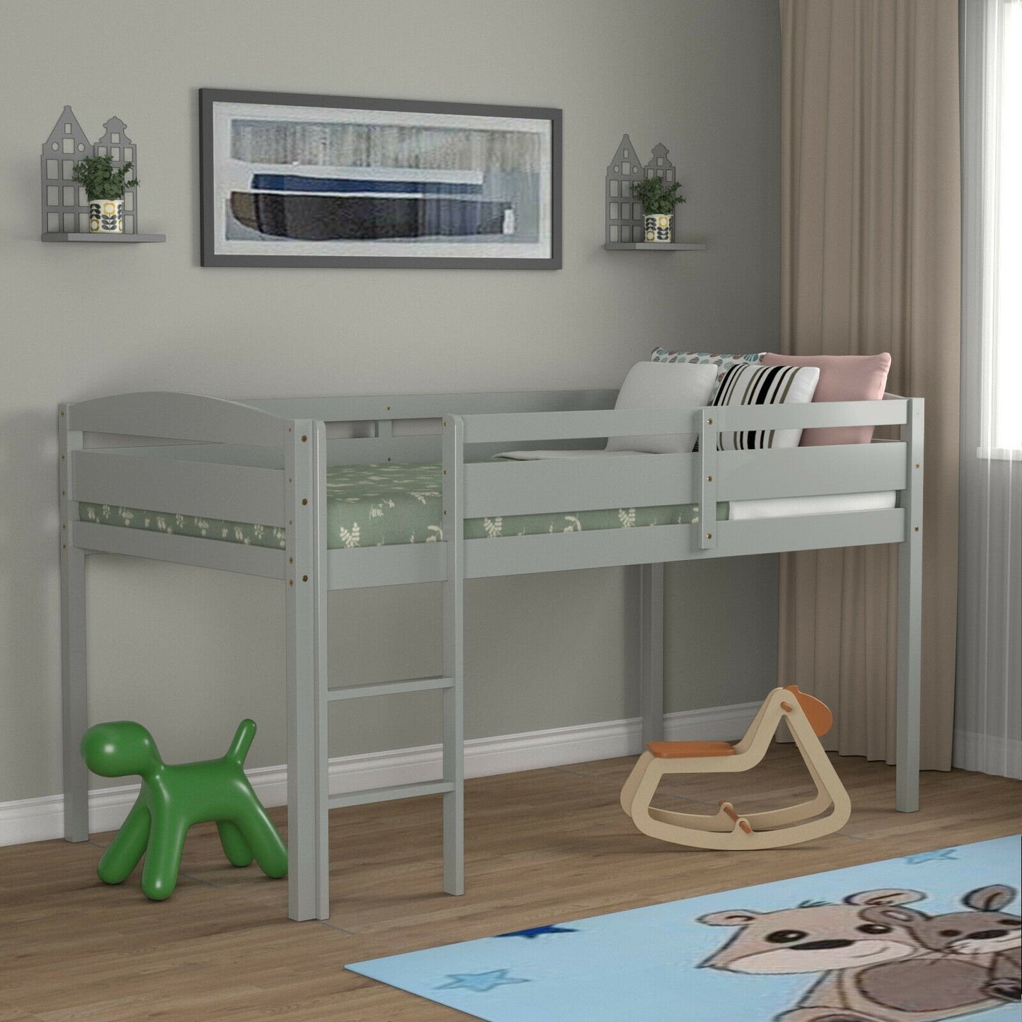 Wooden Twin Low Loft Bunk Bed with Guard Rail and Ladder-Dark Brown