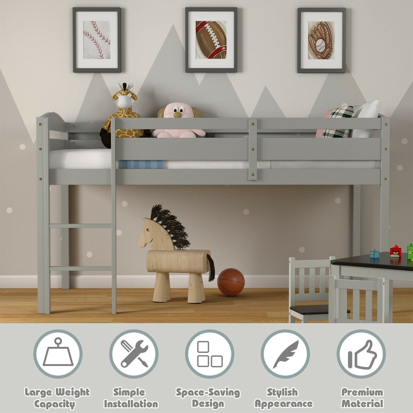 Wooden Twin Low Loft Bunk Bed with Guard Rail and Ladder-Dark Brown