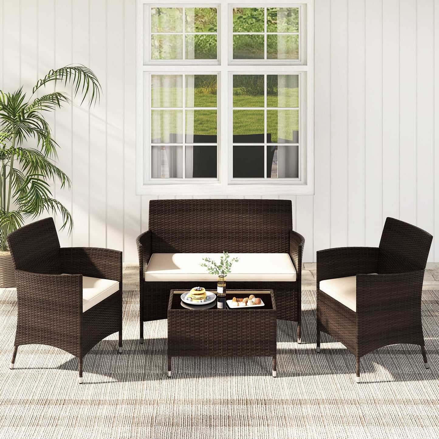 4 Pieces Comfortable Outdoor Rattan Sofa Set with Glass Coffee Table-Beige and Gray