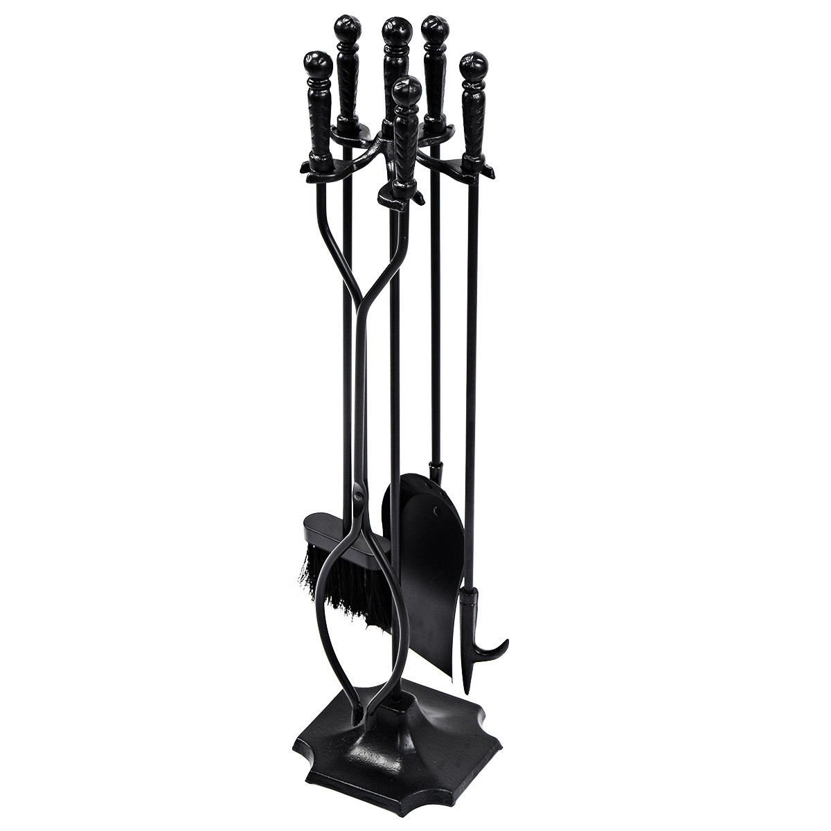 Five-piece 31-inch fireplace tools set with poker, tongs, brush, shovel, and stand from Wilsons Home Store for outdoor fireplaces.