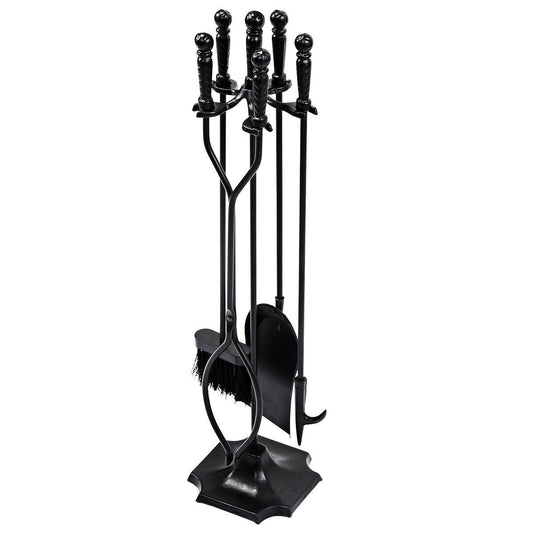 Five-piece 31-inch fireplace tools set with poker, tongs, brush, shovel, and stand from Wilsons Home Store for outdoor fireplaces.