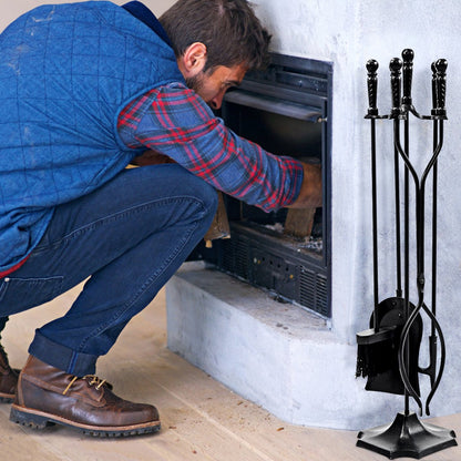 31-inch fireplace fire tools set with five black metal tools including poker, tongs, brush, and shovel for hearth and outdoor fireplaces.