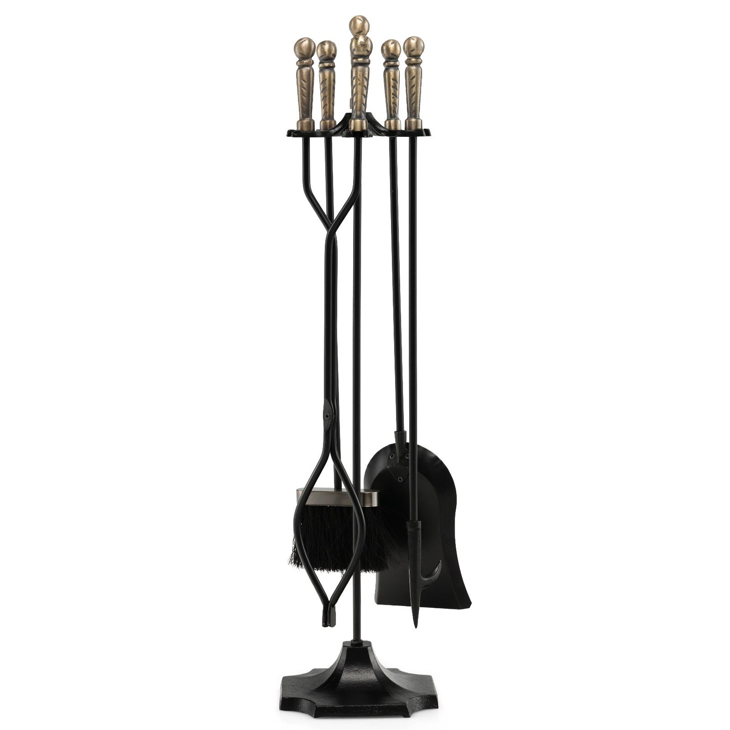 31-inch five-piece fireplace fire tools set with stand, includes poker, tongs, brush, and shovel for outdoor hearth heating.