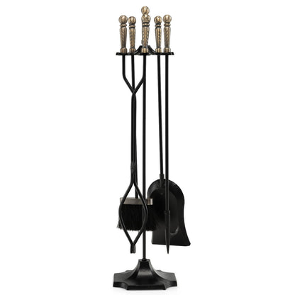 31-inch five-piece fireplace fire tools set with stand, includes poker, tongs, brush, and shovel for outdoor hearth heating.