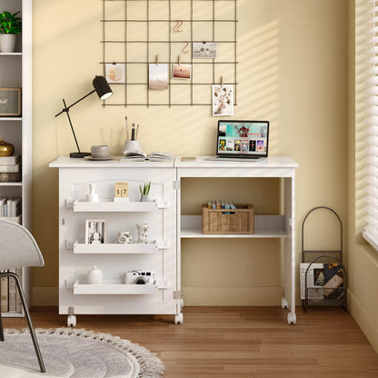 Folding Sewing Craft Table Shelf Storage Cabinet Home Furniture-Brown