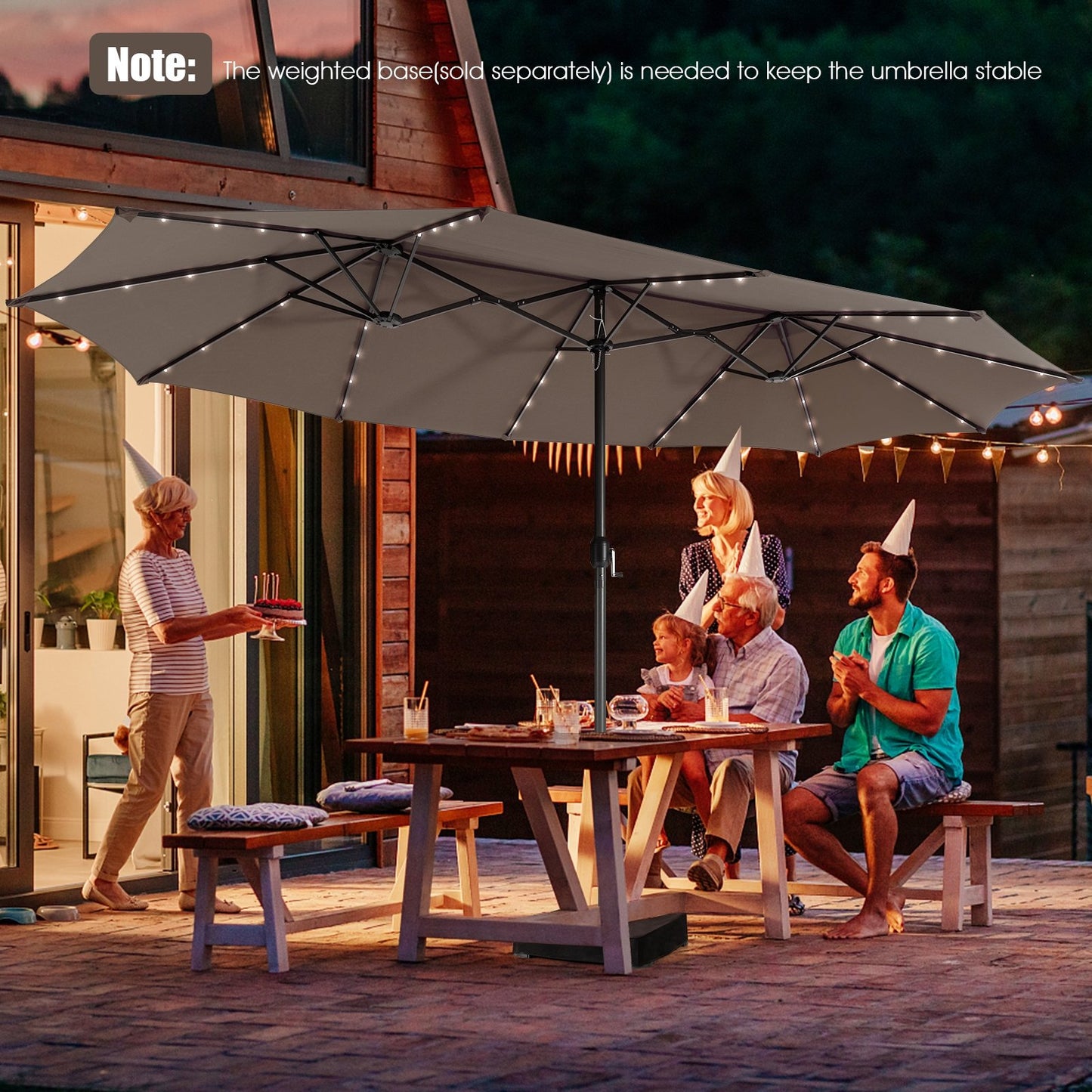 15 Feet Twin Patio Umbrella with 48 Solar LED Lights-Beige