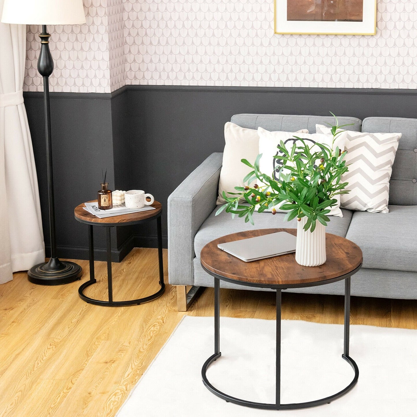 Set of 2 Modern Round Stacking Nesting Coffee Tables for Living Room-Light Brown