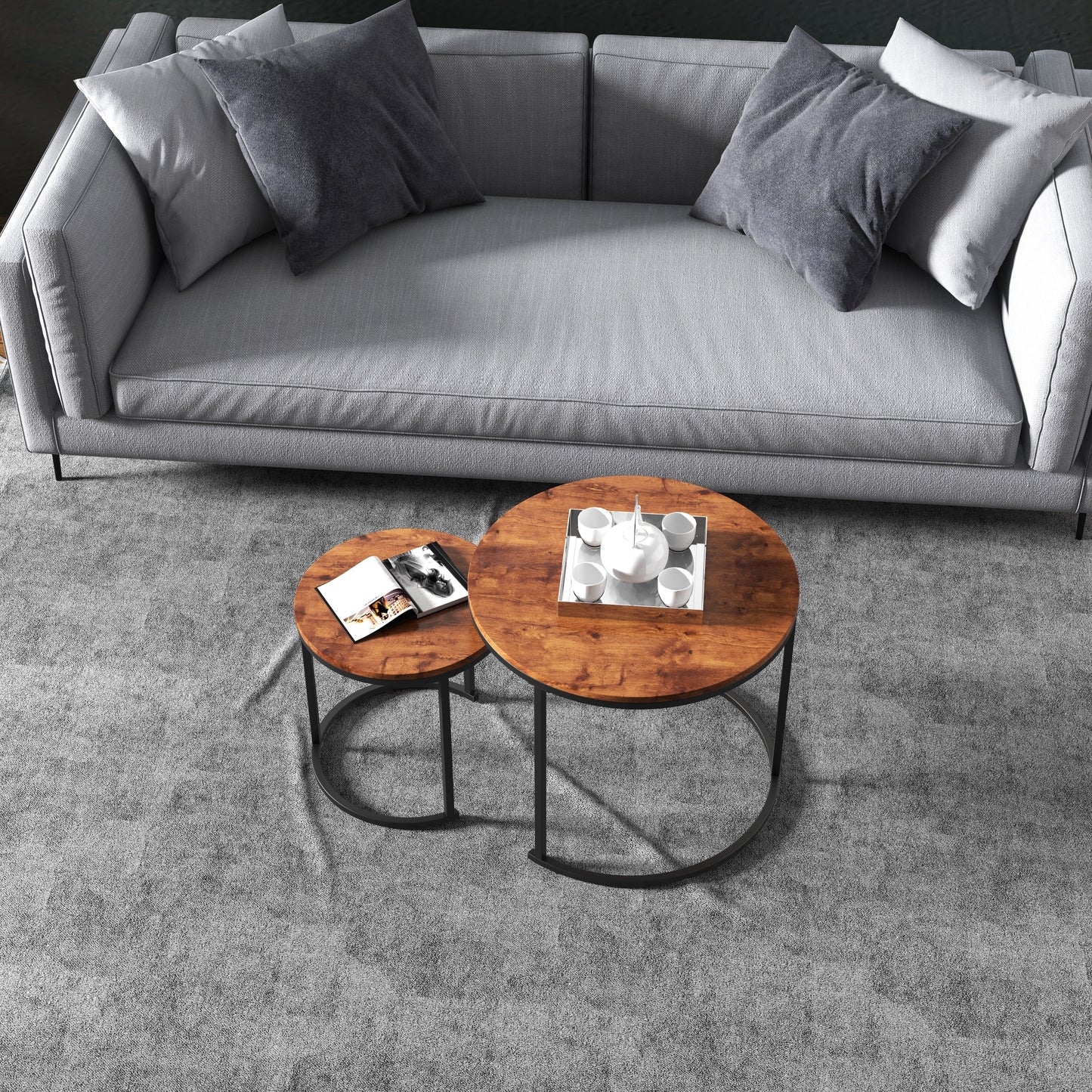 Set of 2 Modern Round Stacking Nesting Coffee Tables for Living Room-Light Brown