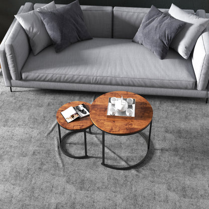 Set of 2 Modern Round Stacking Nesting Coffee Tables for Living Room-Light Brown
