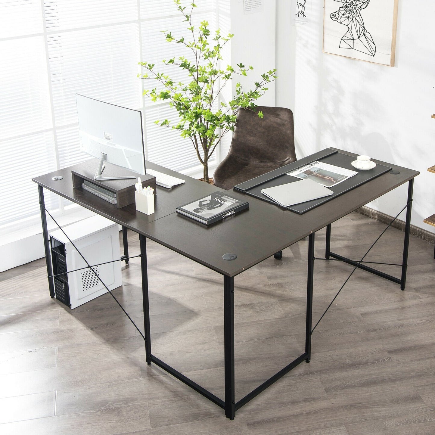 95 Inch 2-Person L-Shaped Long Reversible Computer Desk with Monitor Stand-Black