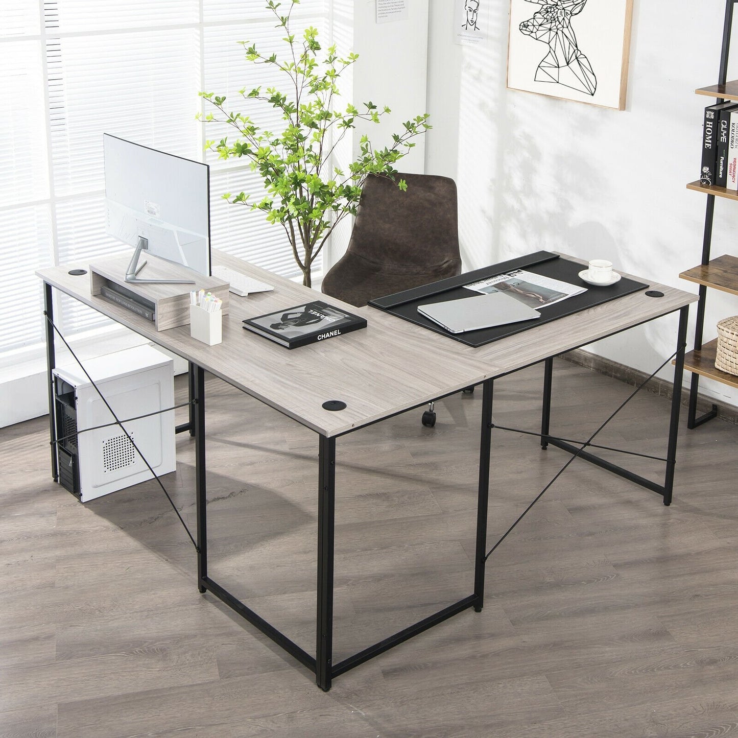 95 Inch 2-Person L-Shaped Long Reversible Computer Desk with Monitor Stand-Black