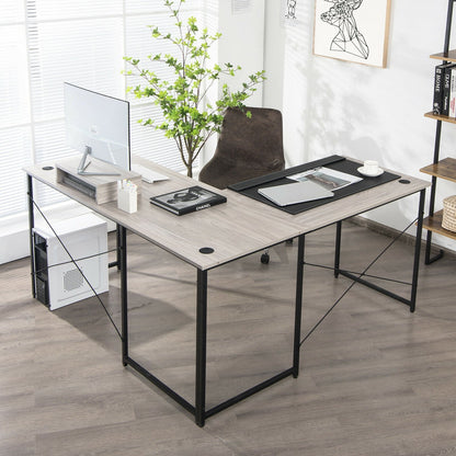 95 Inch 2-Person L-Shaped Long Reversible Computer Desk with Monitor Stand-Black