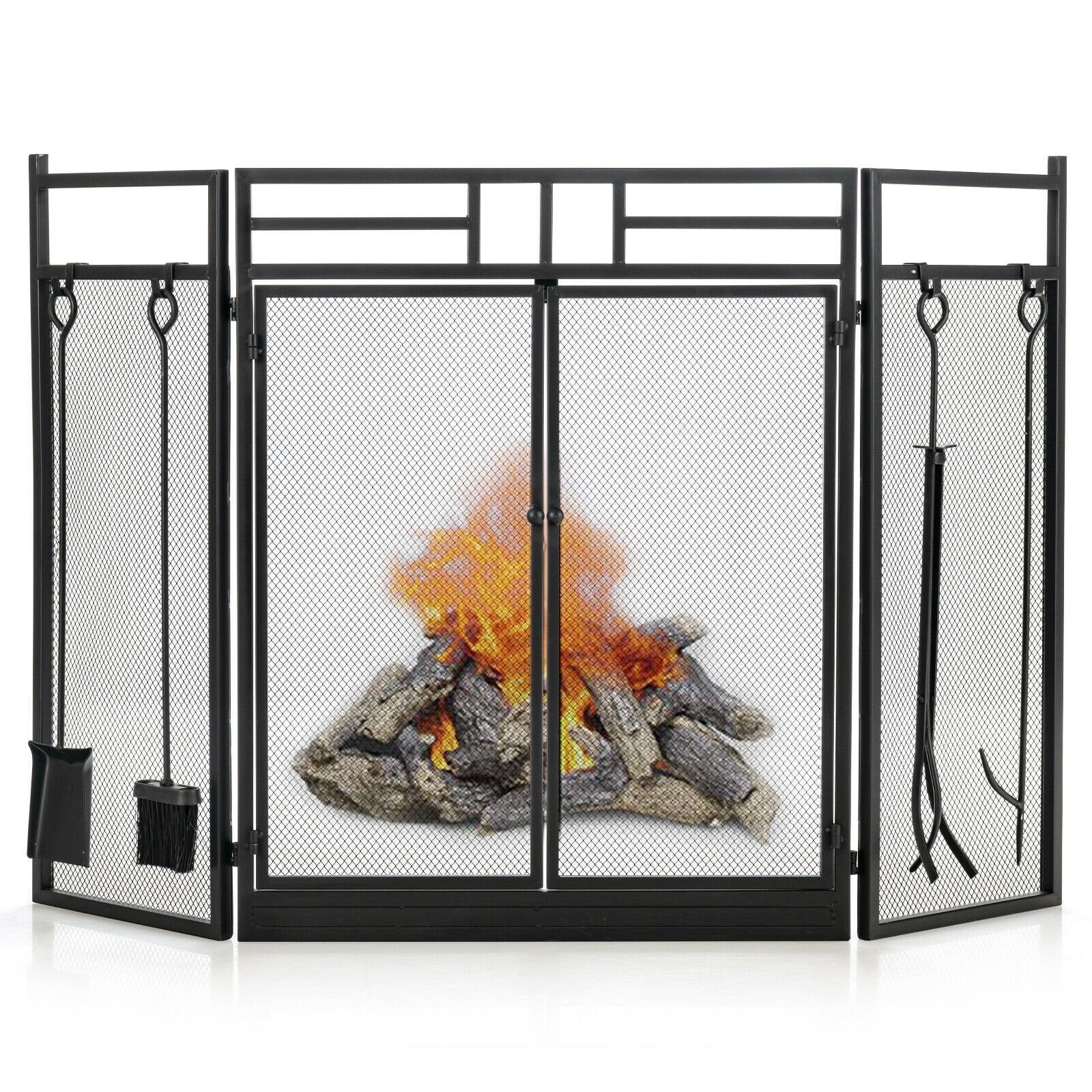 Black 3-panel folding wrought iron fireplace screen with four tools, outdoor heating accessories, by Direct Wilsons Home Store.