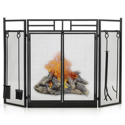 Black 3-panel folding wrought iron fireplace screen with four tools, outdoor heating accessories, by Direct Wilsons Home Store.