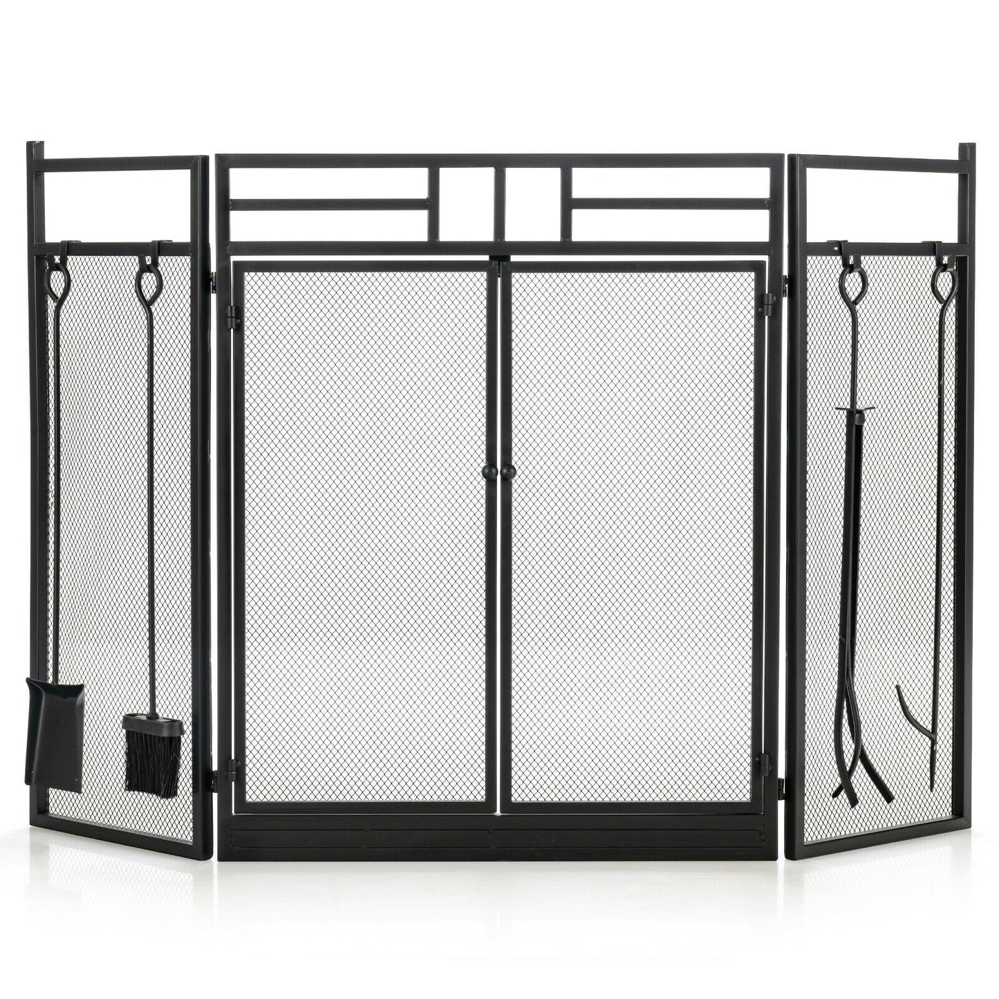 Black 3-panel folding wrought iron fireplace screen with four accompanying tools, designed for outdoor heating and fireplace safety.