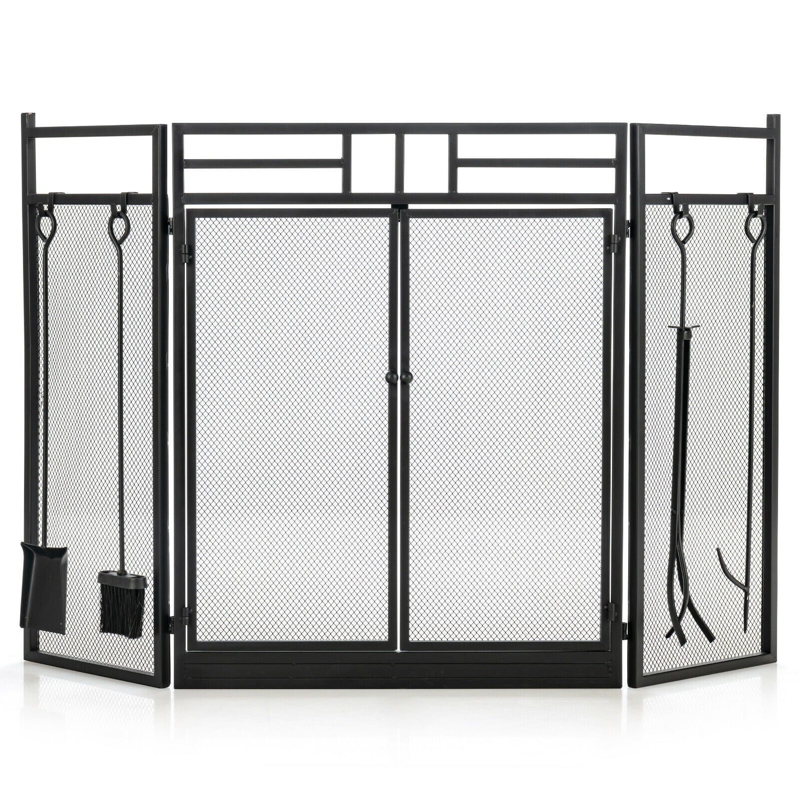 Black 3-panel folding wrought iron fireplace screen with four accompanying tools, designed for outdoor heating and fireplace safety.
