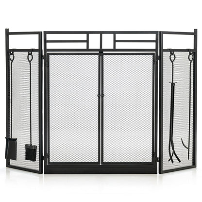 Black 3-panel folding wrought iron fireplace screen with four accompanying tools, designed for outdoor heating and fireplace safety.