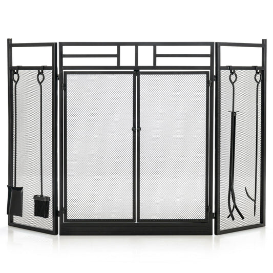 Black 3-panel folding wrought iron fireplace screen with four accompanying tools, designed for outdoor heating and fireplace safety.