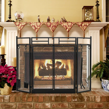 Black 3-panel wrought iron fireplace screen with four tools, designed for outdoor heating and fireplace safety.