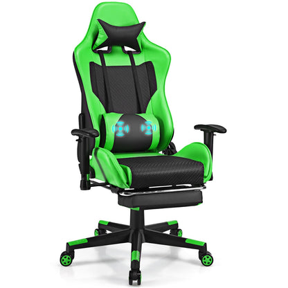 PU Leather Gaming Chair with USB Massage Lumbar Pillow and Footrest-Blue
