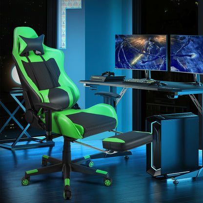 PU Leather Gaming Chair with USB Massage Lumbar Pillow and Footrest-Blue
