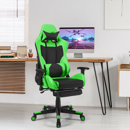 PU Leather Gaming Chair with USB Massage Lumbar Pillow and Footrest-Blue