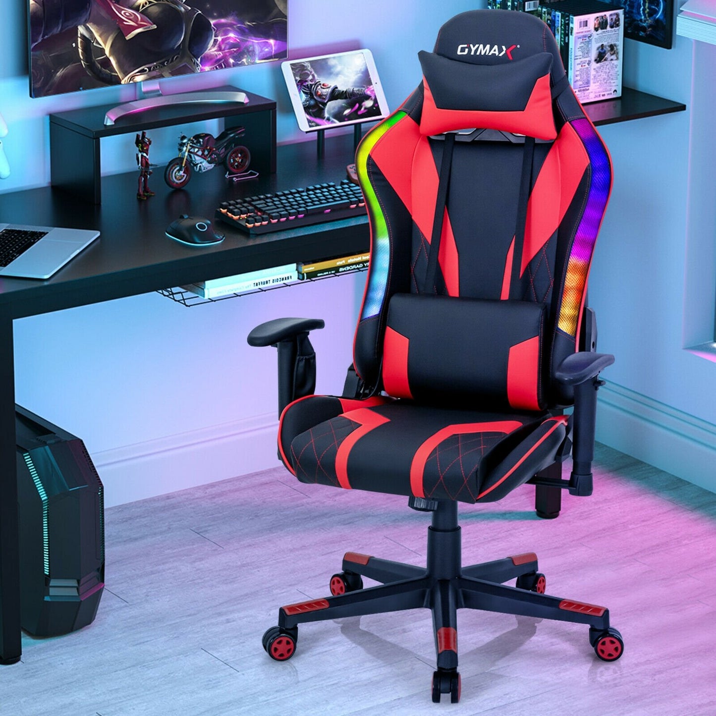 Gaming Chair Adjustable Swivel Computer Chair with Dynamic LED Lights-Blue
