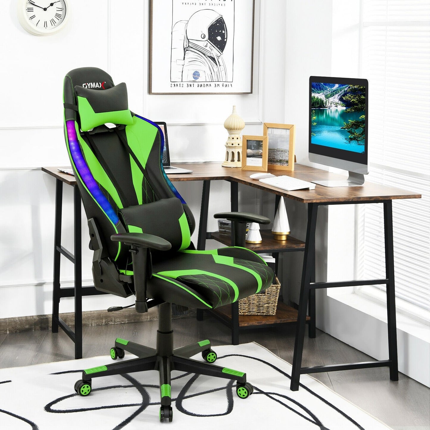 Gaming Chair Adjustable Swivel Computer Chair with Dynamic LED Lights-Blue