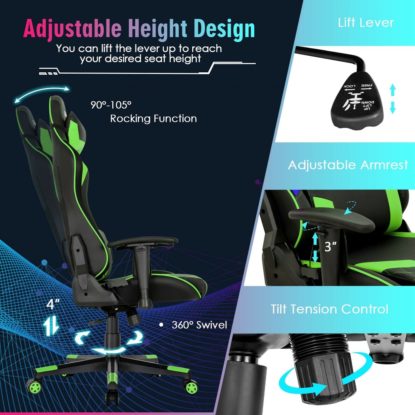 Gaming Chair Adjustable Swivel Computer Chair with Dynamic LED Lights-Blue