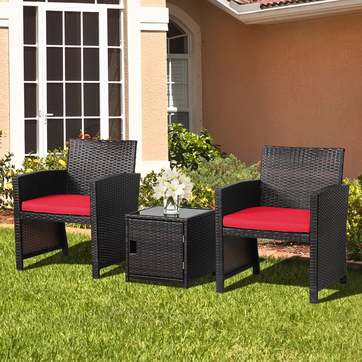 3 Pieces Patio Wicker Furniture Set with Storage Table and Protective Cover-Gray