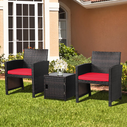 3 Pieces Patio Wicker Furniture Set with Storage Table and Protective Cover-Gray
