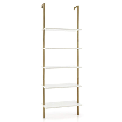 5 Tier Ladder Shelf Wall-Mounted Bookcase with Steel Frame-Brown