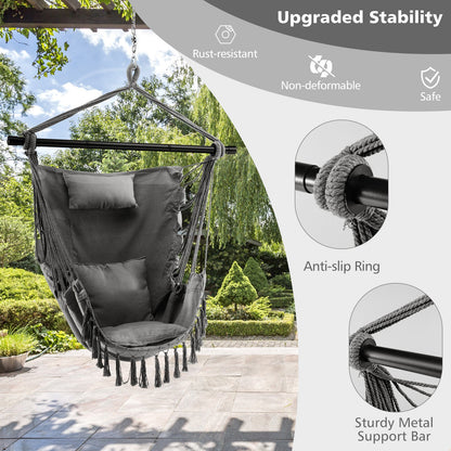 Hanging Rope Swing Chair with Soft Pillow and Cushions-Beige