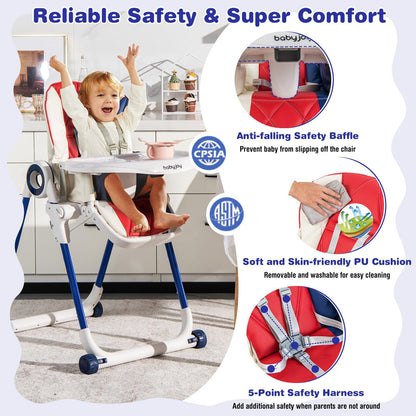 Baby High Chair Foldable Feeding Chair with 4 Lockable Wheels-Black