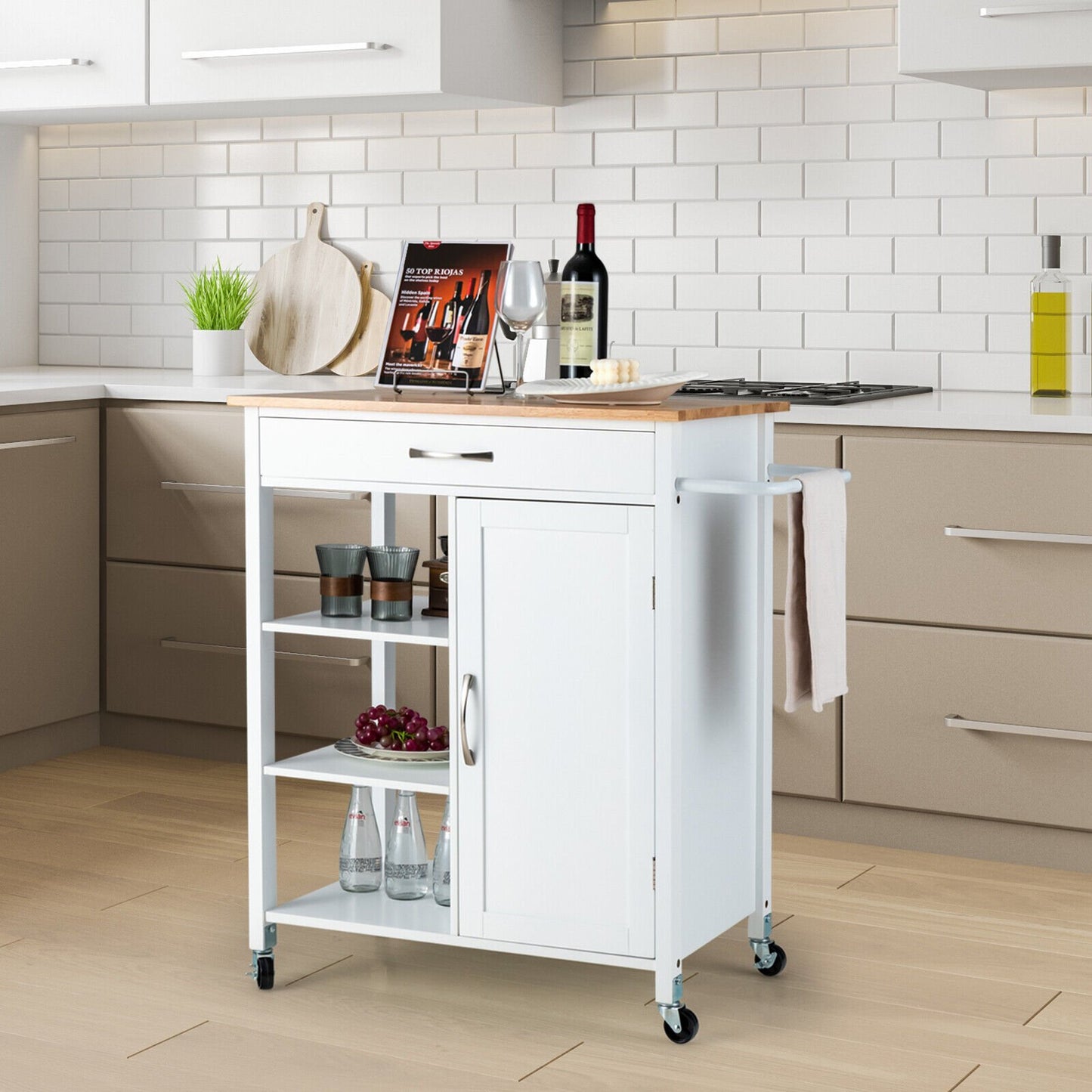 Mobile Kitchen Island Cart with Rubber Wood Top-Black