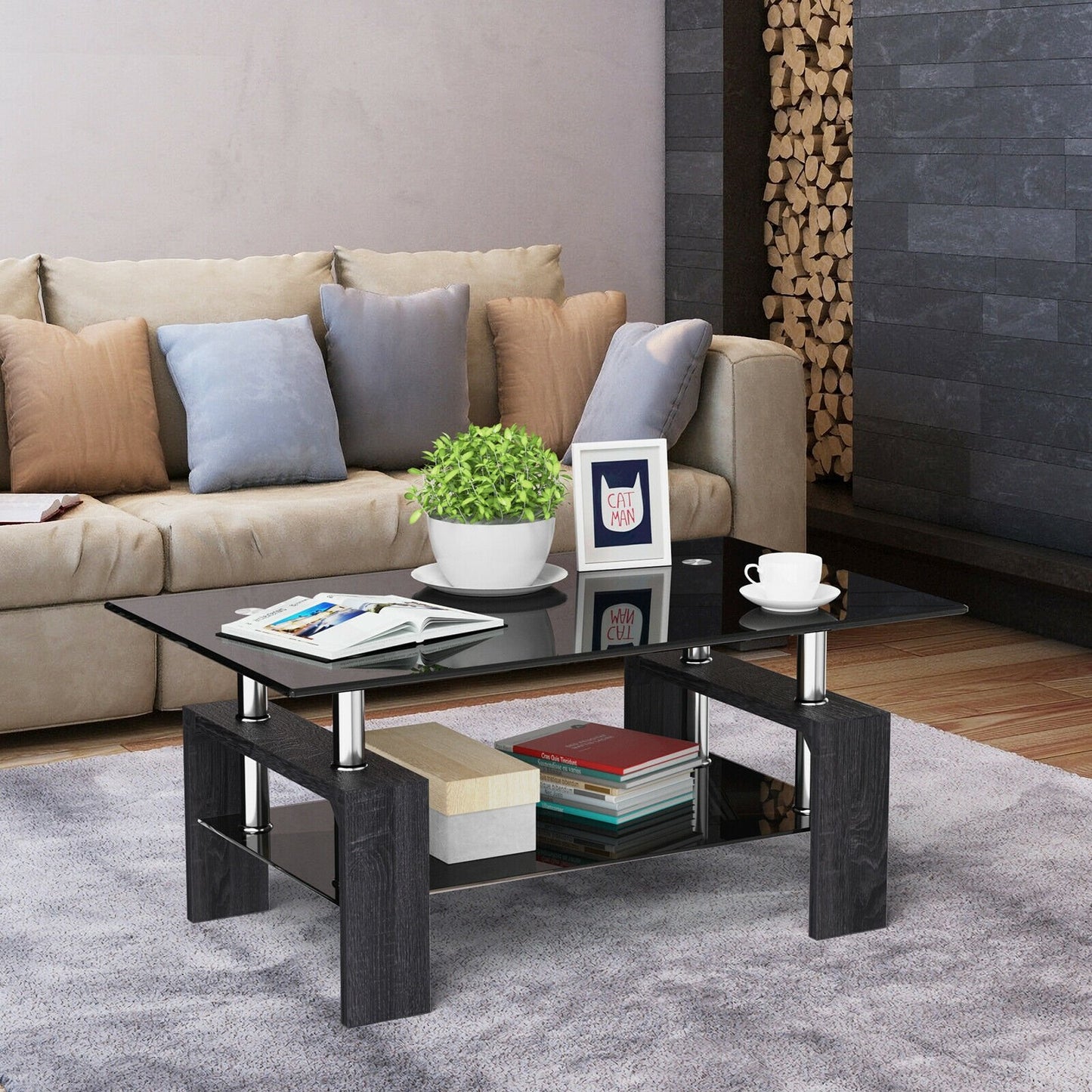 Rectangular Tempered Glass Coffee Table with Shelf-Black
