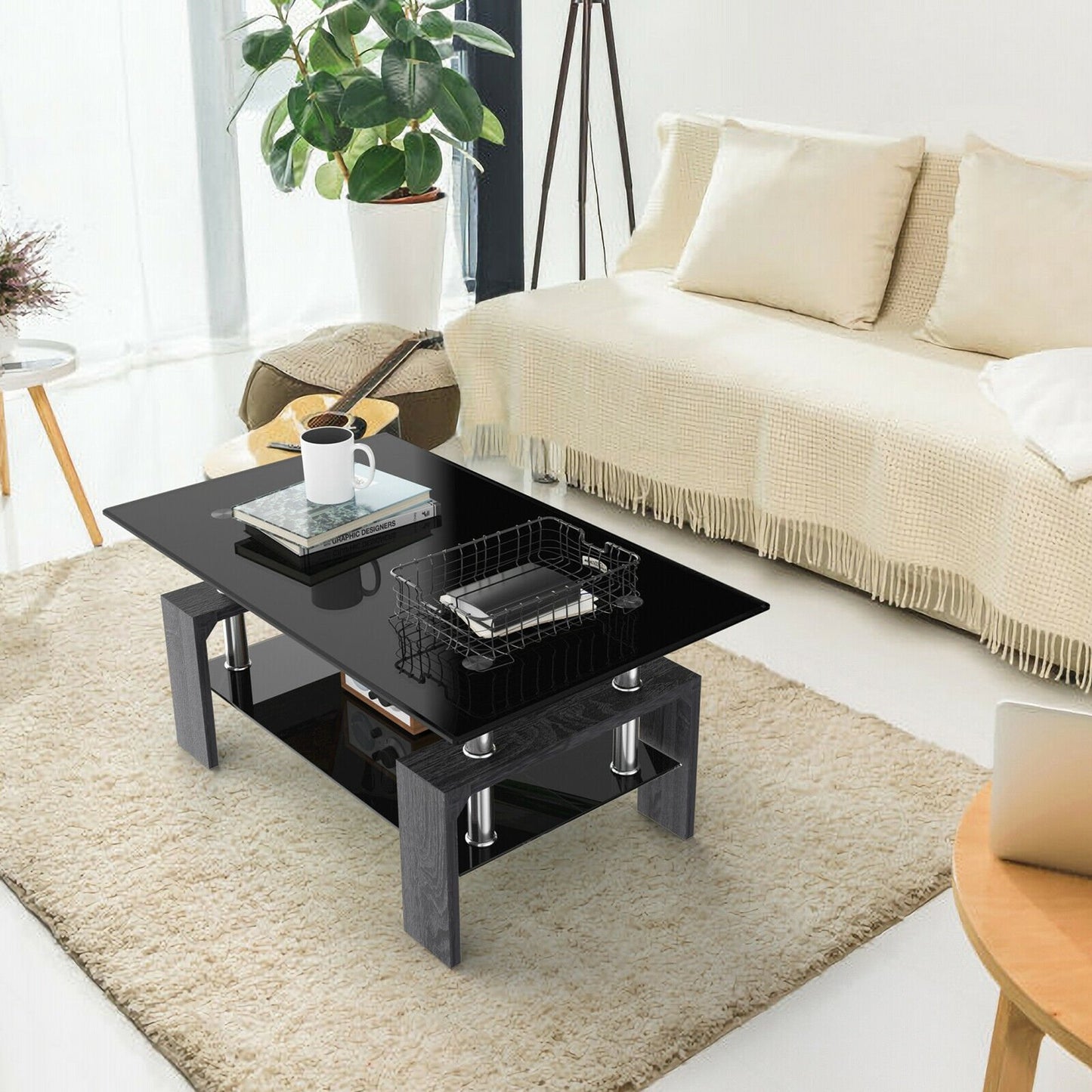 Rectangular Tempered Glass Coffee Table with Shelf-Black