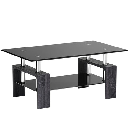 Rectangular Tempered Glass Coffee Table with Shelf-Black