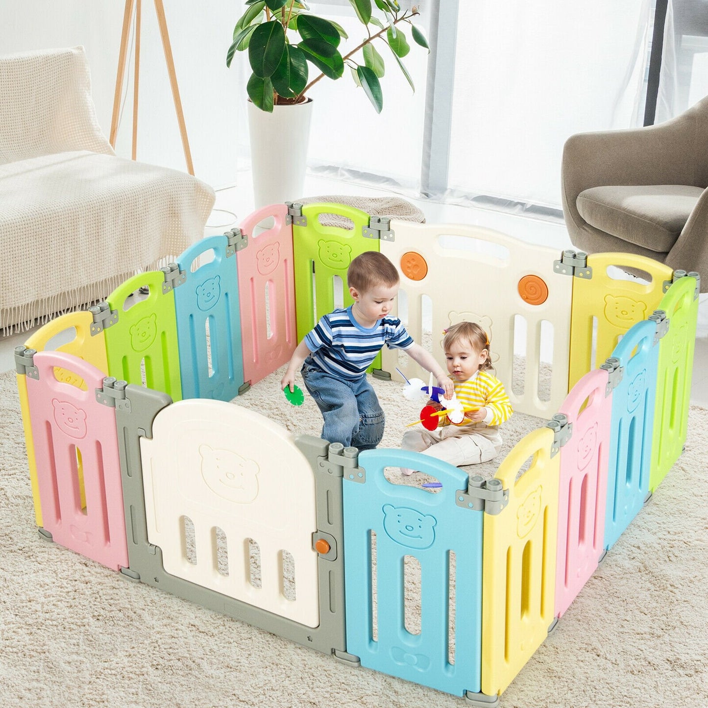 Foldable Baby Playpen 14 Panel Activity Center Safety Play Yard-Beige