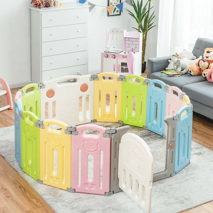 Foldable Baby Playpen 14 Panel Activity Center Safety Play Yard-Beige