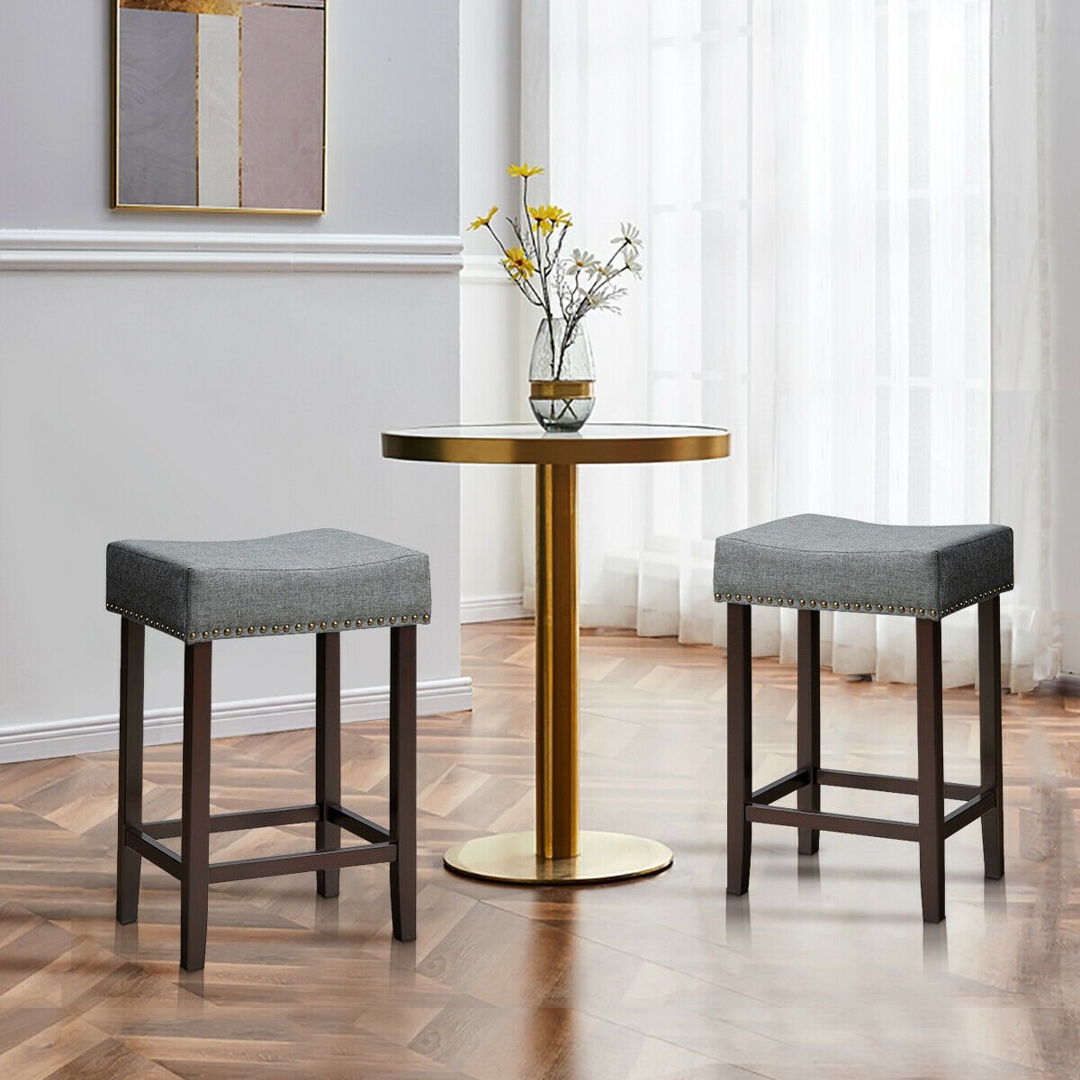 Set of 2 Nailhead Saddle Bar Stools 24 Inch Height