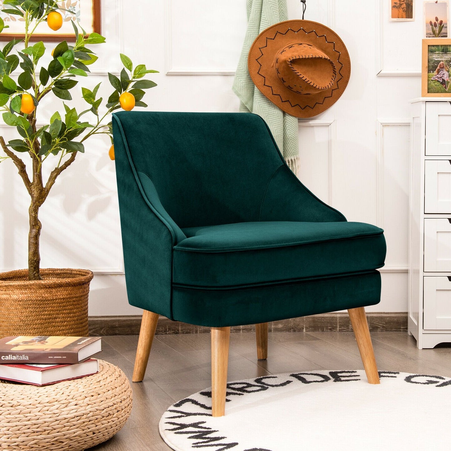 Mid Century Velvet Accent Chair with Rubber Wood Legs for Bedroom-Gray