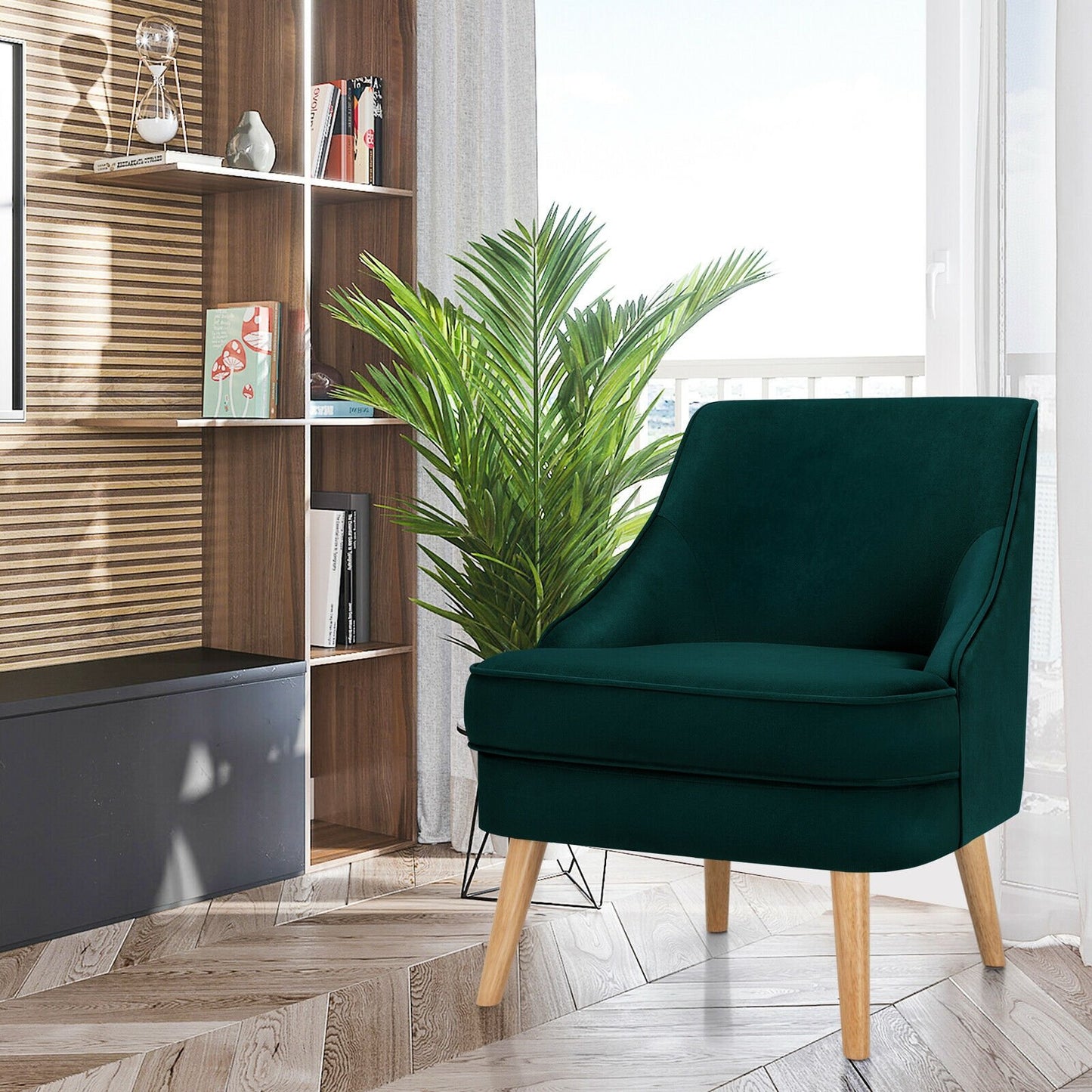Mid Century Velvet Accent Chair with Rubber Wood Legs for Bedroom-Gray