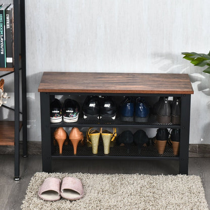 3-Tier Shoe Rack Industrial Shoe Bench with Storage Shelves-Black