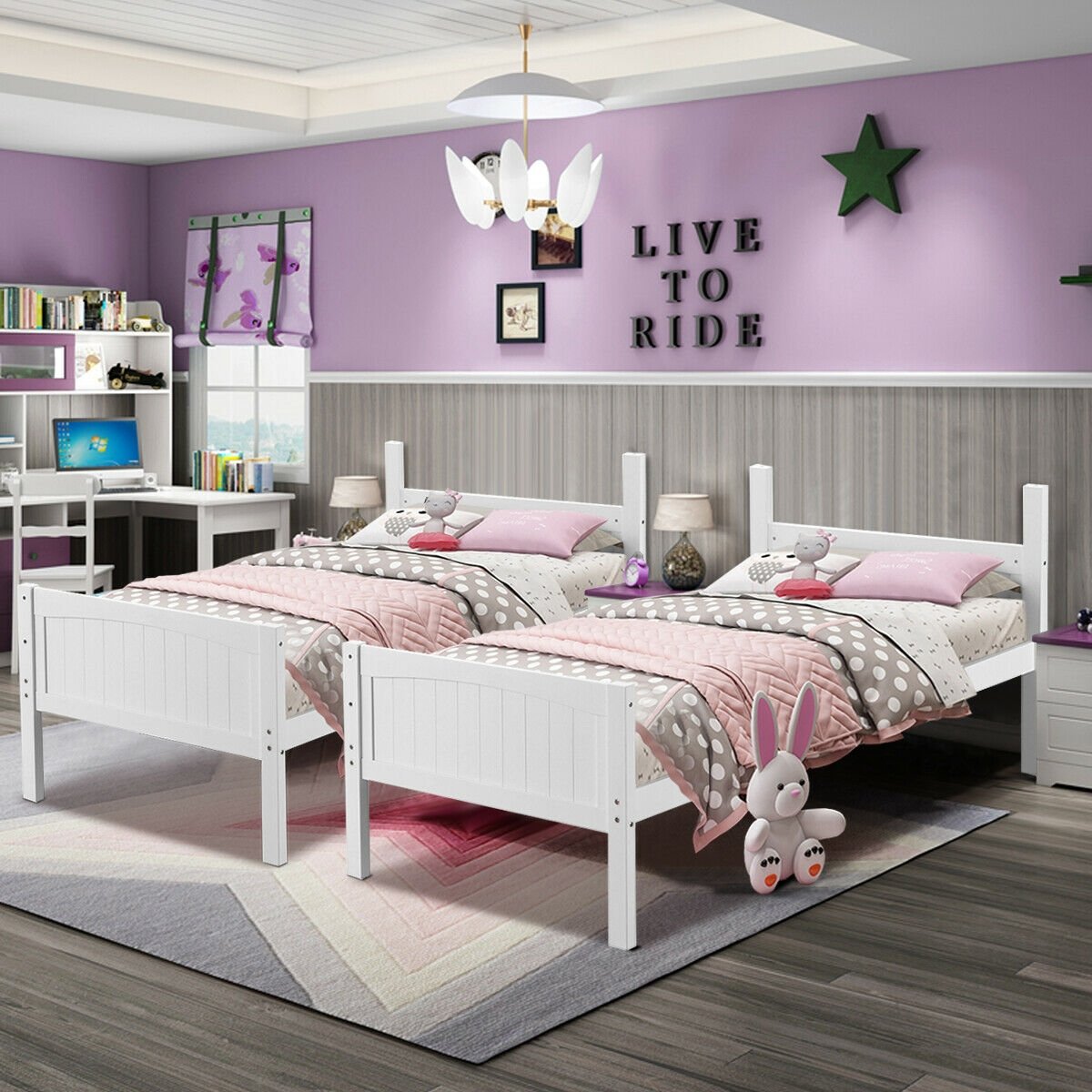 Twin Size Wooden Bunk Beds Convertible 2 Individual Beds-Brown
