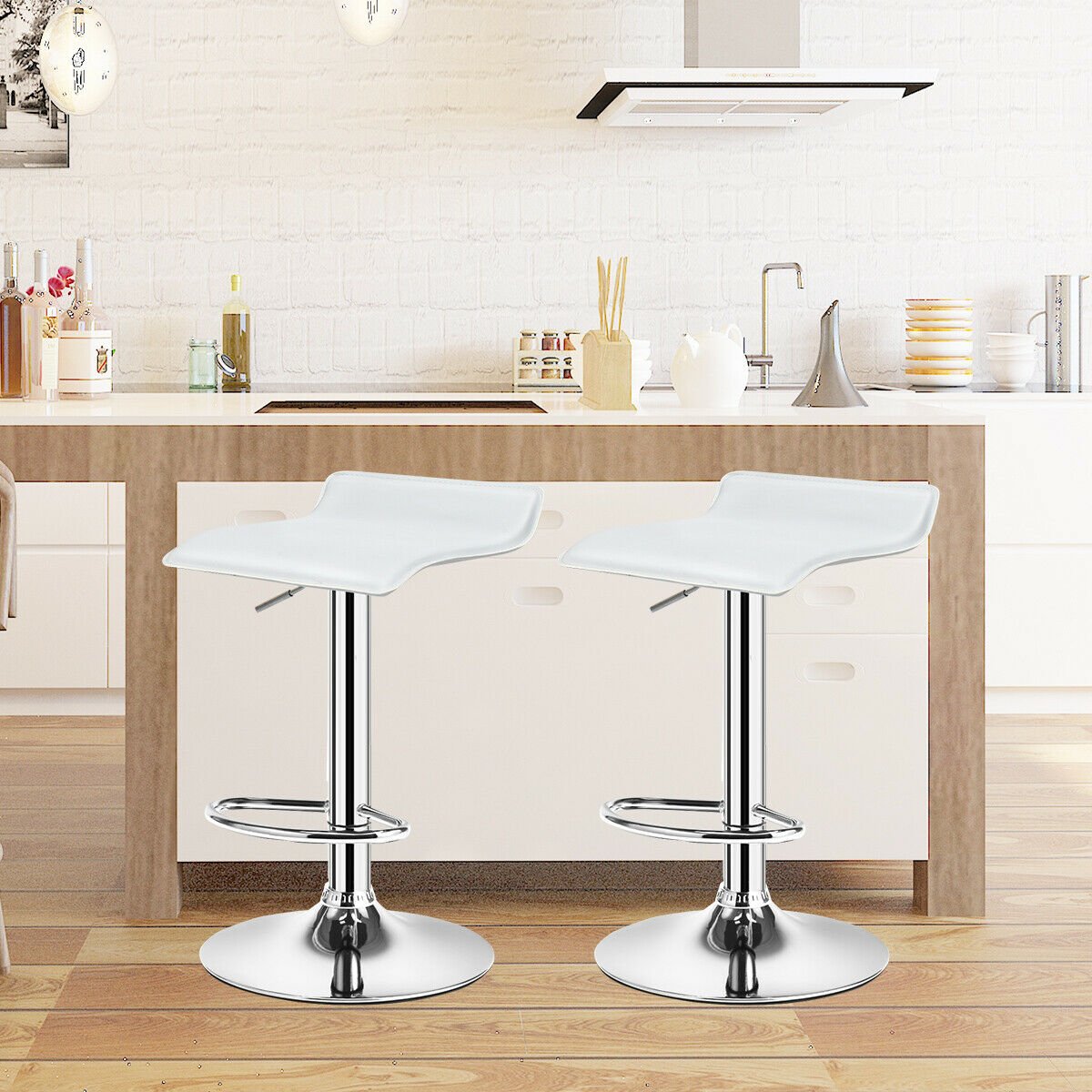 Set of 2 Adjustable PU Leather Backless Bar Stools-Black
