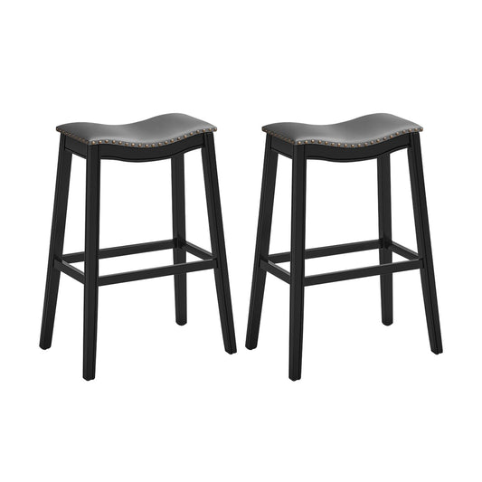 Set of 2 29 Inch Backless Wood Nailhead Barstools with PVC Leather Seat-Black